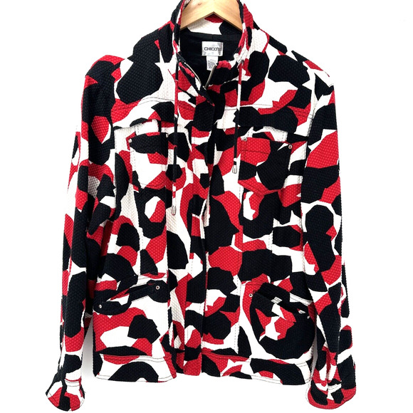 Chico's Jacket Womens XL Full Zip Red Black White Artsy Long Sleeve + Pockets - Picture 1 of 8